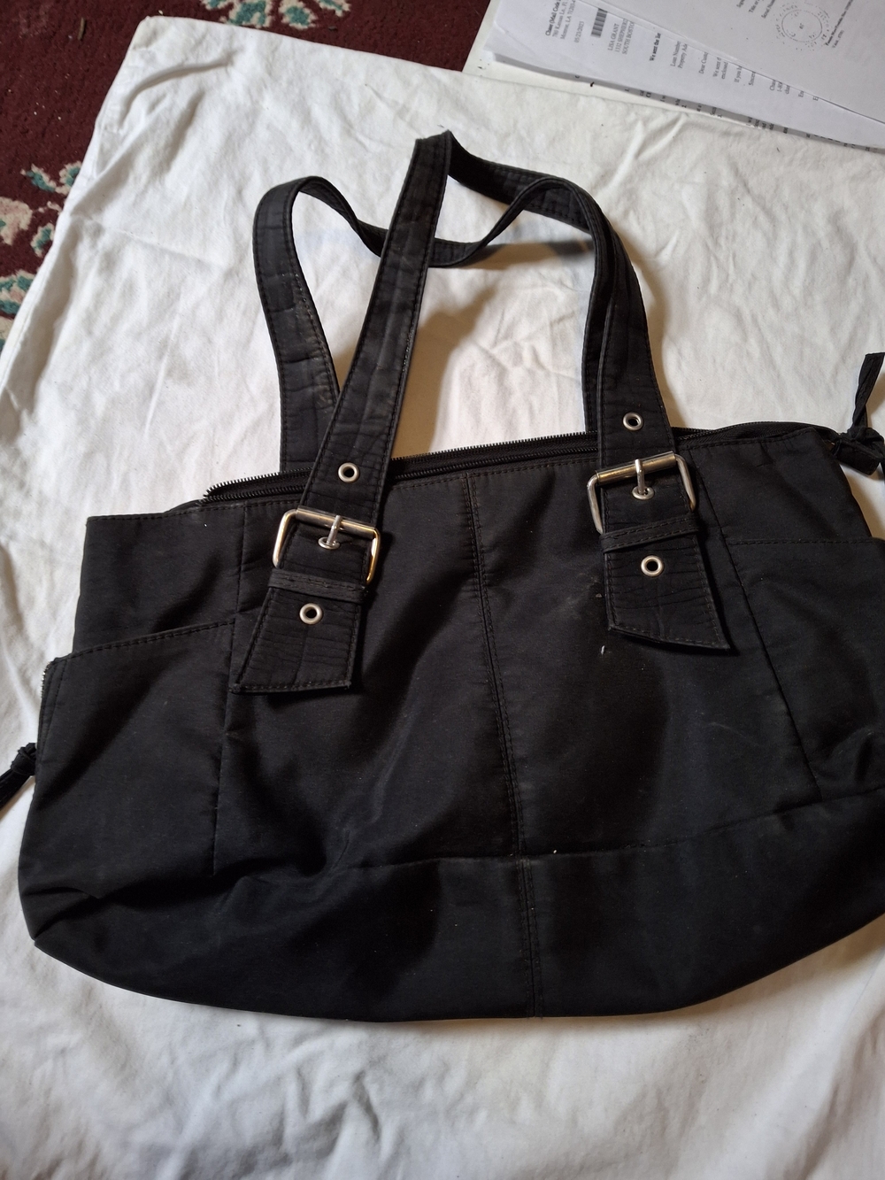 Chateau Black Canvas Buckle Strap Large Tote Shoulder Bag